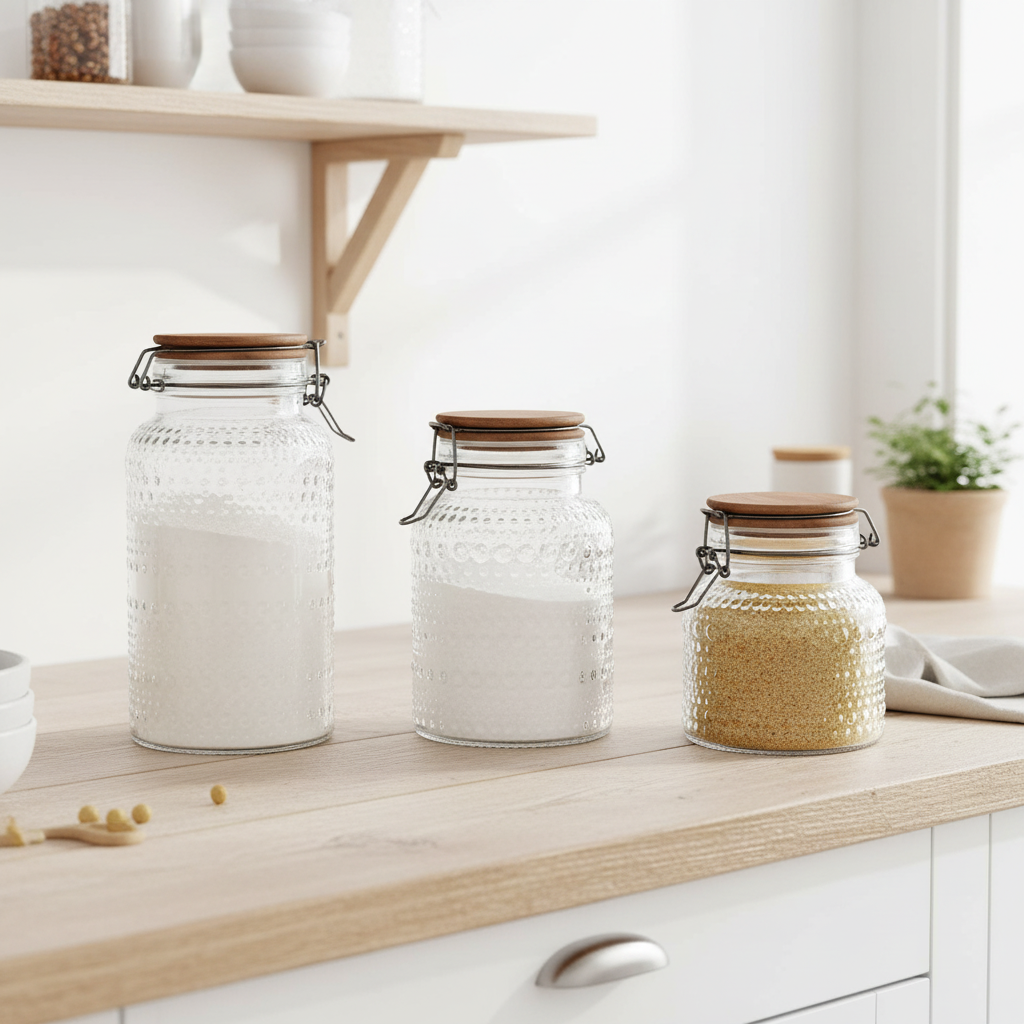 Set de 3 Botes de Cristal con Relieve y Acacia Natural (Bote hermético) | Home ESPRIT