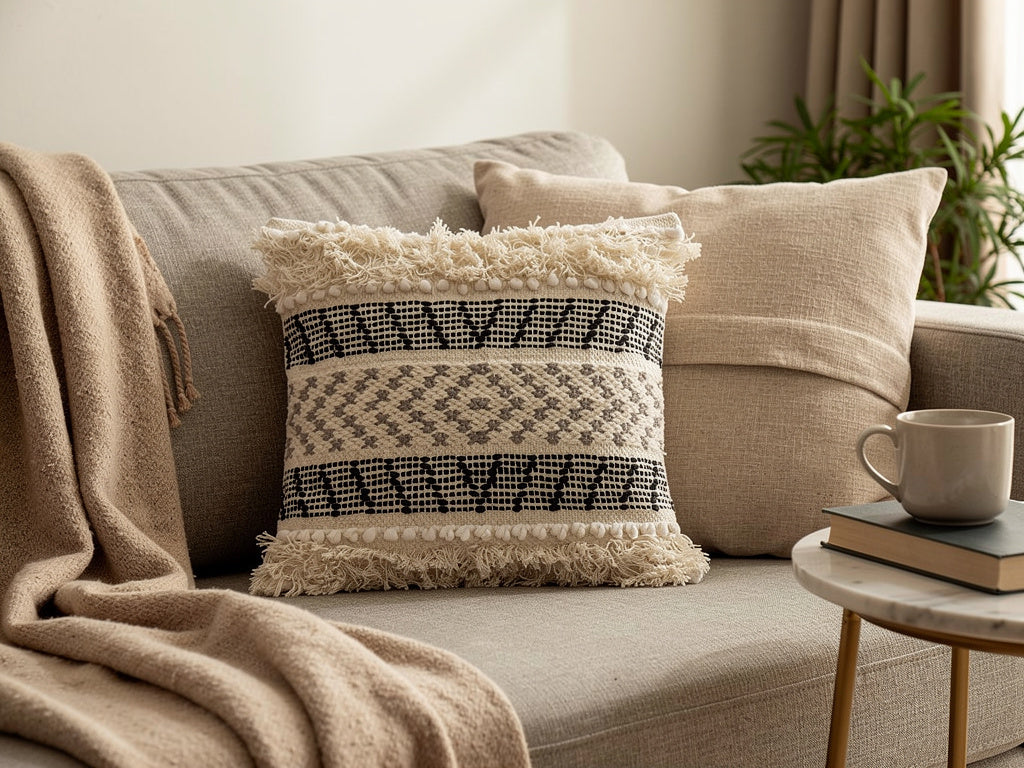 Cojín Boho de Algodón con Relieve Negro y Beige 45 x 45 cm | DKD Home Decor