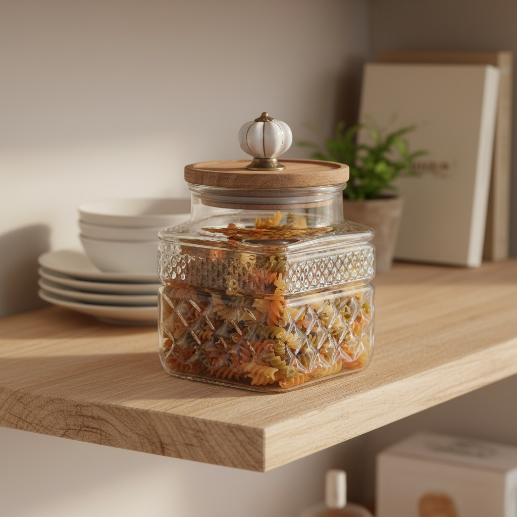 Set de 3 Botes de Cristal en Relieve con Tapa en Acacia y Adorno Cerámica | Home ESPRIT