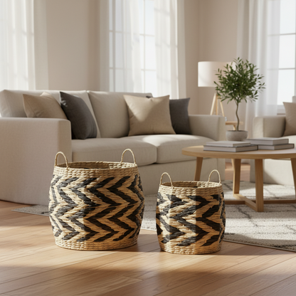 Juego de Cestas de Fibra Natural con Detalles en Negro (2 Piezas) | DKD Home Decor