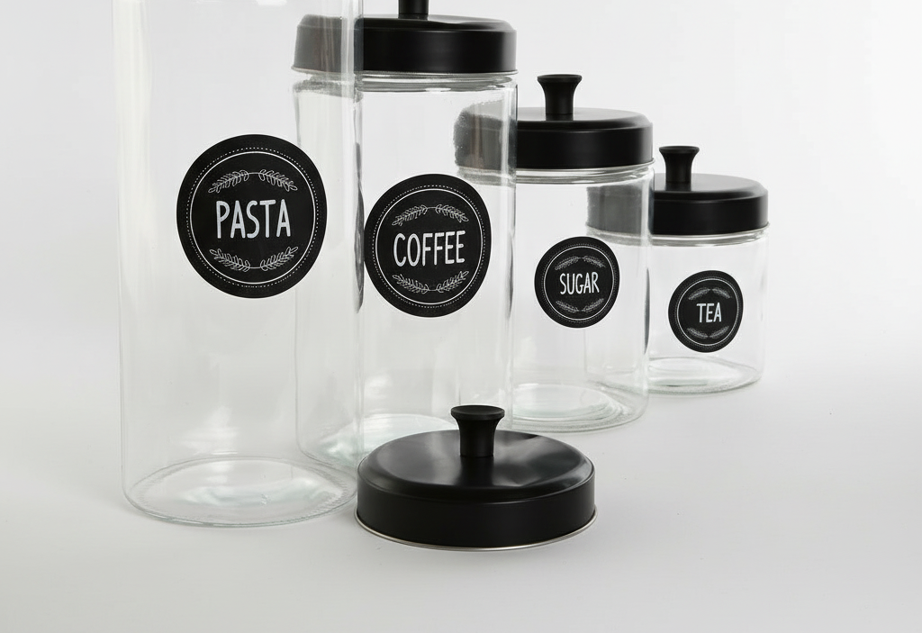 Set de 4 Botes de Cristal con Tapa en Metal Negro | Home ESPRIT