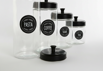 Set de 4 Botes de Cristal con Tapa en Metal Negro | Home ESPRIT