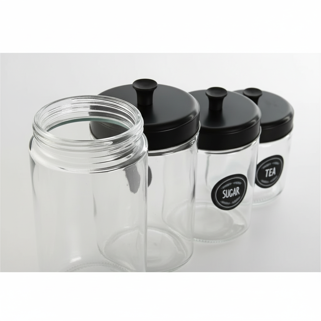 Set de 4 Botes de Cristal con Tapa en Metal Negro | Home ESPRIT