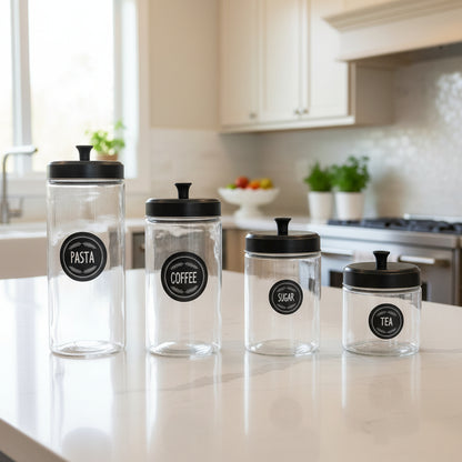 Set de 4 Botes de Cristal con Tapa en Metal Negro | Home ESPRIT