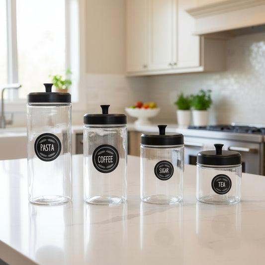 Set de 4 Botes de Cristal con Tapa en Metal Negro | Home ESPRIT