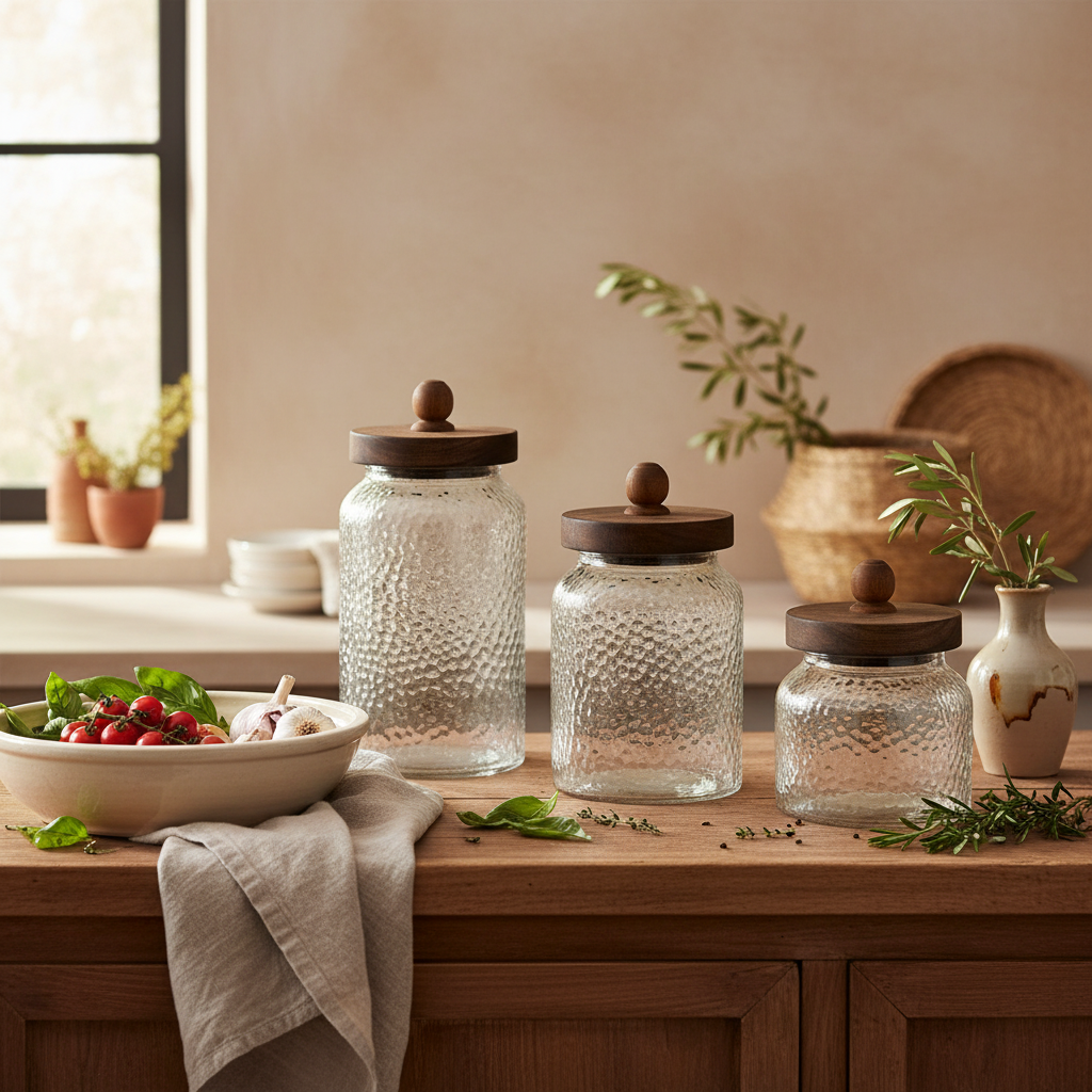 Set de 3 Botes de Cristal y Acacia Natural con Cierre de Silicona | Home ESPRIT