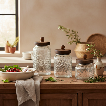 Set de 3 Botes de Cristal y Acacia Natural con Cierre de Silicona | Home ESPRIT