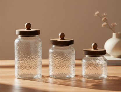 Set de 3 Botes de Cristal y Acacia Natural con Cierre de Silicona | Home ESPRIT