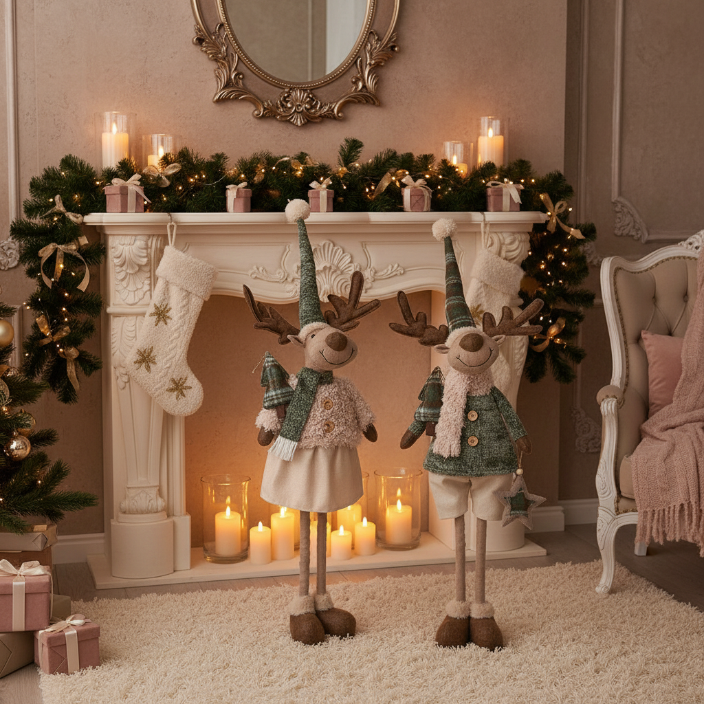 Conjunto de 2 Renos Navideños de Diseño Aleatorio Verde y Beige | Home ESPRIT