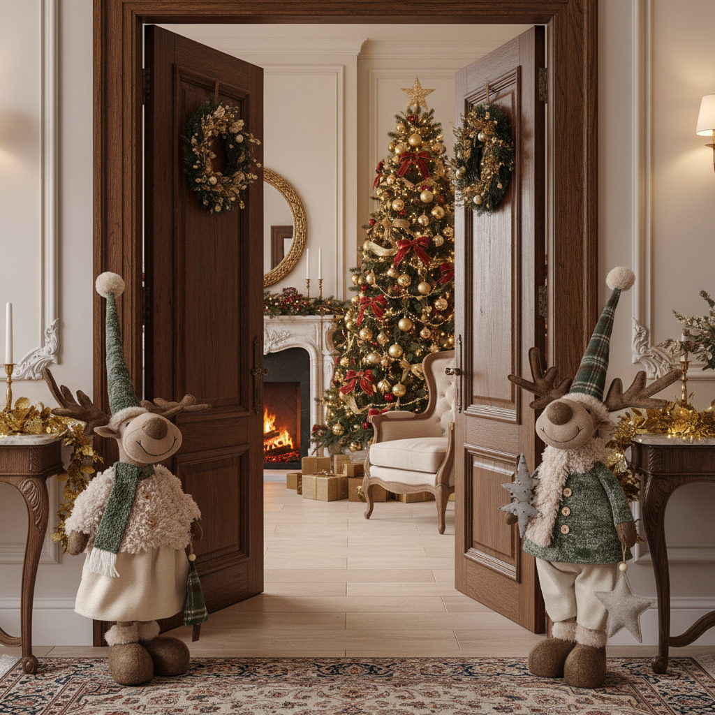 Conjunto de 2 Renos Navideños de Diseño Aleatorio Verde y Beige | Home ESPRIT