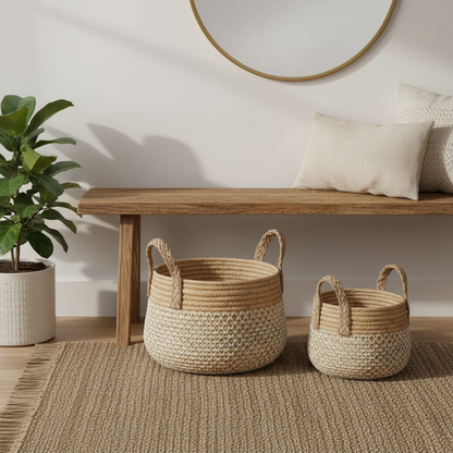 Juego de Cestas de Hierba Marina y Junco con Detalle en Blanco 2 Piezas | Home ESPRIT