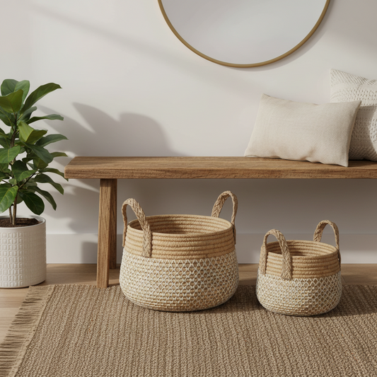 Juego de Cestas de Hierba Marina y Junco con Detalle en Blanco 2 Piezas | Home ESPRIT