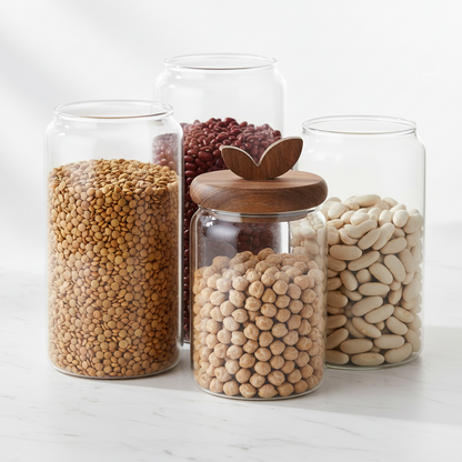 Set de 3 Botes de Cristal y Acacia 4 Piezas | Home ESPRIT