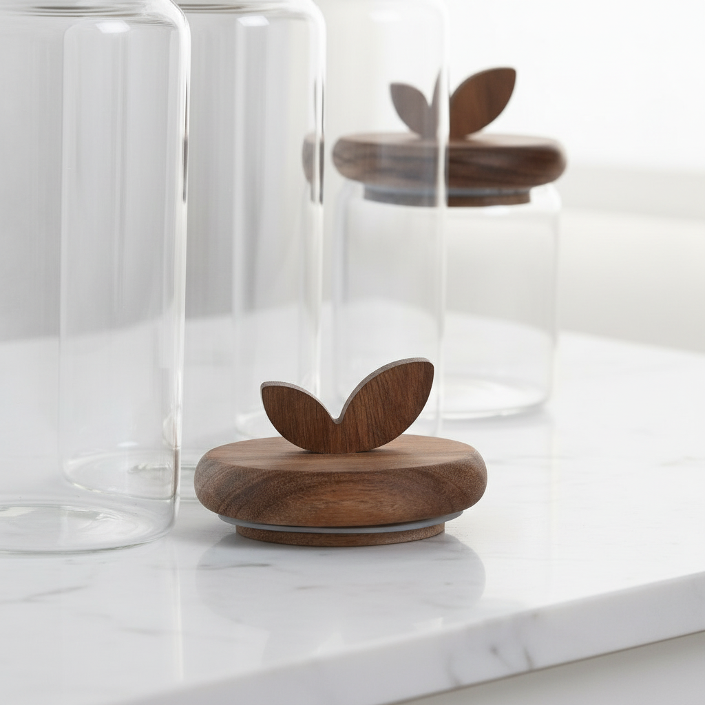 Set de 3 Botes de Cristal y Acacia 4 Piezas | Home ESPRIT