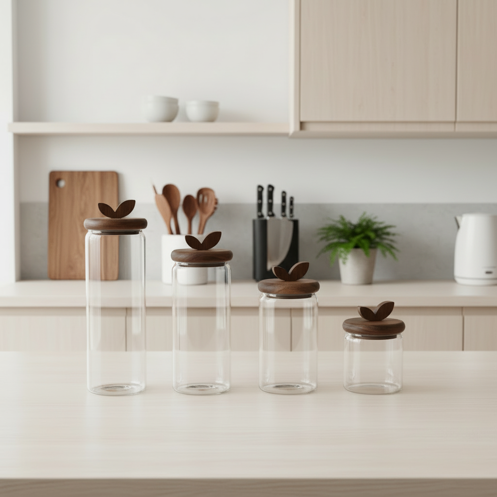 Set de 3 Botes de Cristal y Acacia 4 Piezas | Home ESPRIT