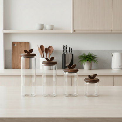 Set de 3 Botes de Cristal y Acacia 4 Piezas | Home ESPRIT