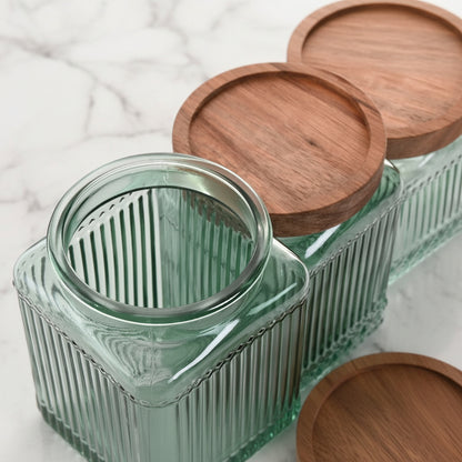 Set de 3 Botes de Cristal y Acacia en Verde Natural | Home ESPRIT