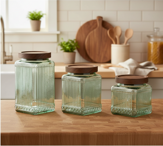 Set de 3 Botes de Cristal y Acacia en Verde Natural | Home ESPRIT