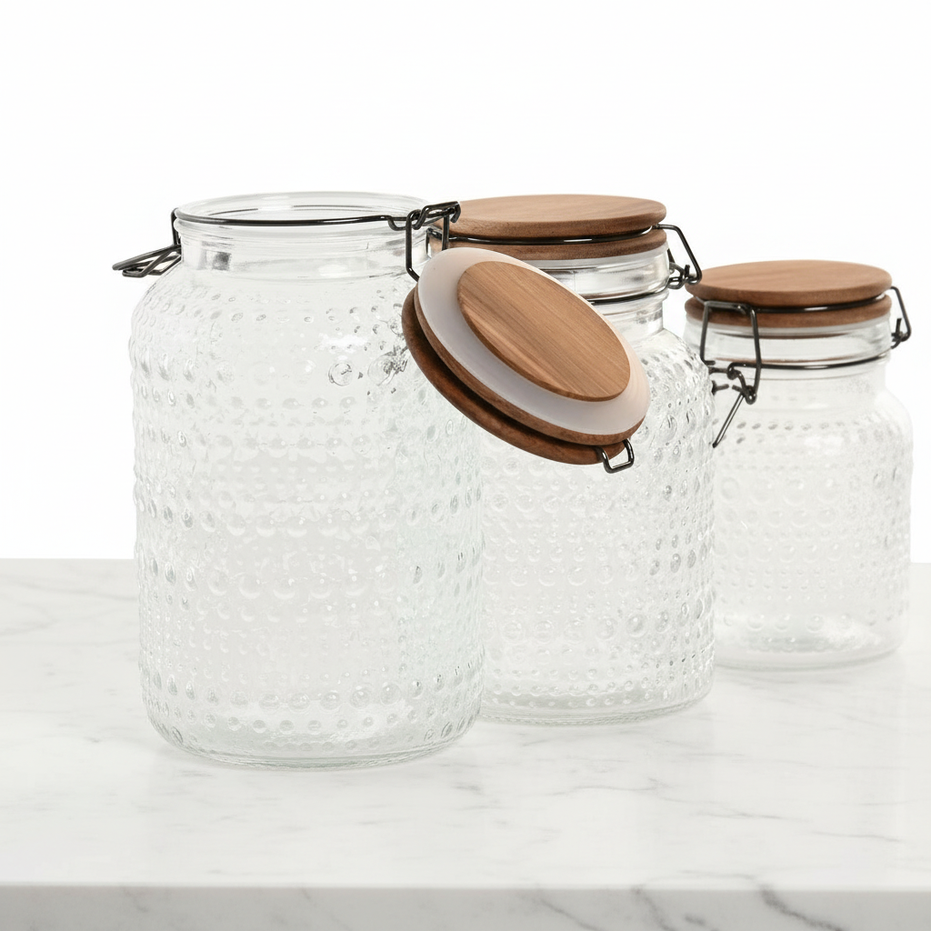 Set de 3 Botes de Cristal con Relieve y Acacia Natural (Bote hermético) | Home ESPRIT
