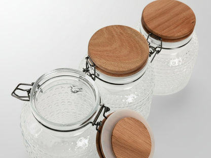 Set de 3 Botes de Cristal con Relieve y Acacia Natural (Bote hermético) | Home ESPRIT