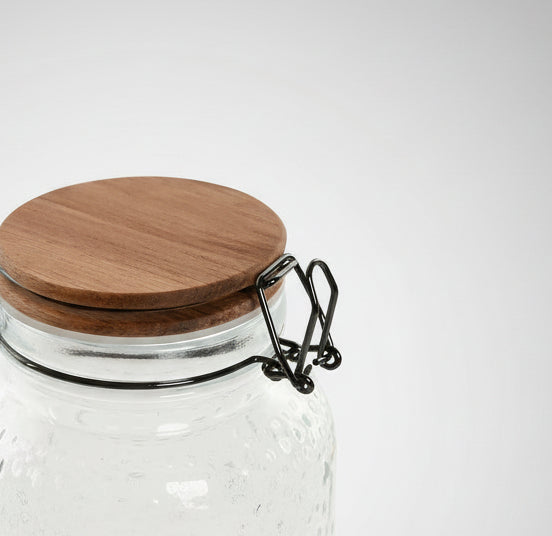 Set de 3 Botes de Cristal con Relieve y Acacia Natural (Bote hermético) | Home ESPRIT