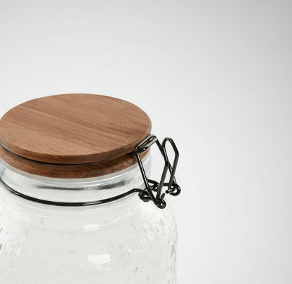Set de 3 Botes de Cristal con Relieve y Acacia Natural (Bote hermético) | Home ESPRIT