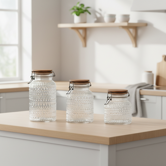 Set de 3 Botes de Cristal con Relieve y Acacia Natural (Bote hermético) | Home ESPRIT