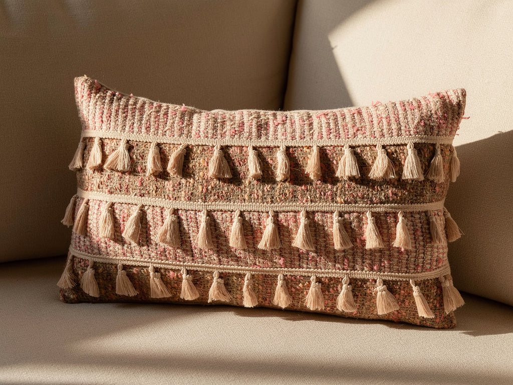 Cojín Boho Rectangular con Borlas 50 x 30 cm – Tonos Tierra y Rosa | Home ESPRIT