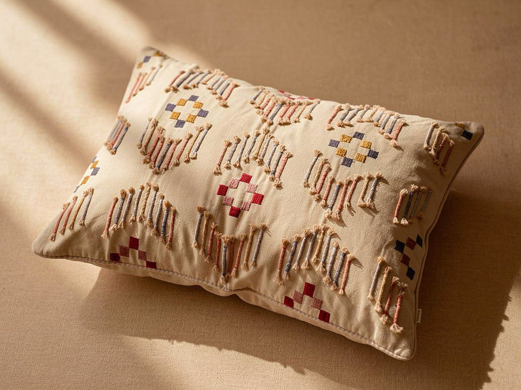 Funda de Cojín Rectangular Beige con Bordado Geométrico 60 x 40 cm | DKD Home Decor 60 x 1 x 40 cm Beige