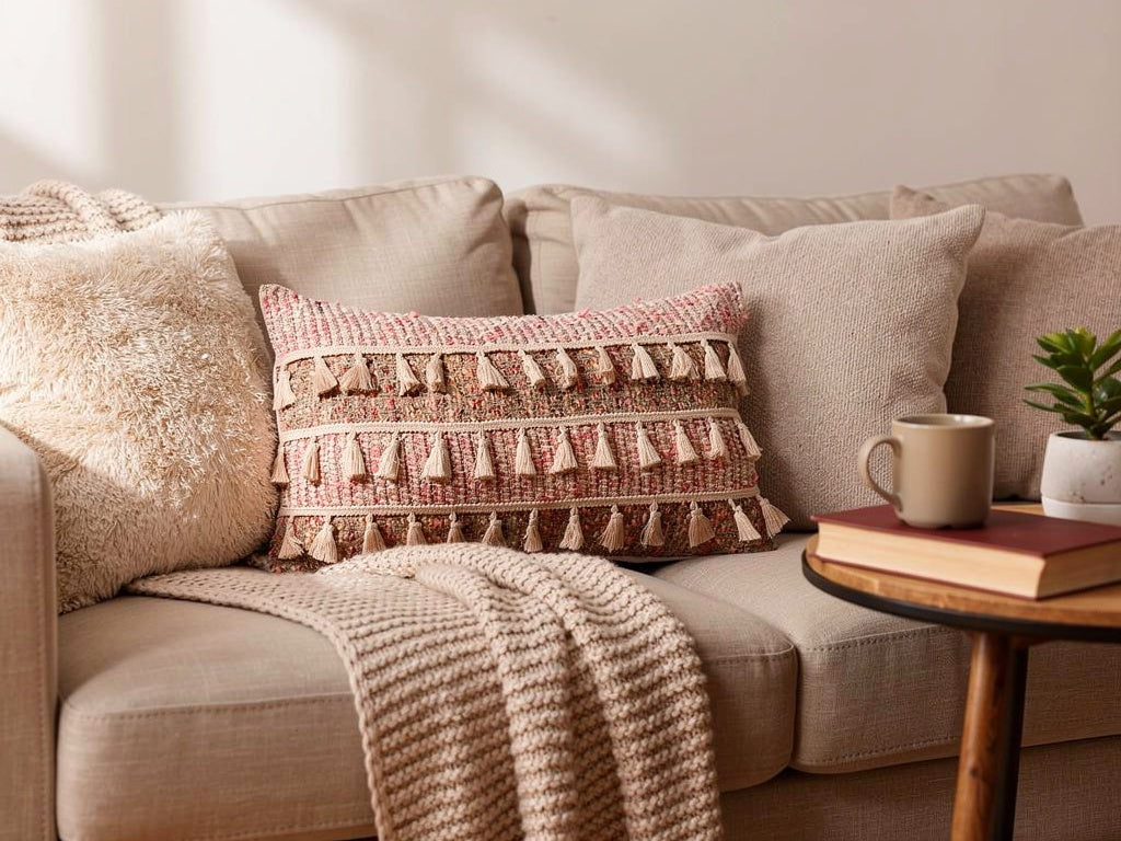 Cojín Boho Rectangular con Borlas 50 x 30 cm – Tonos Tierra y Rosa | Home ESPRIT