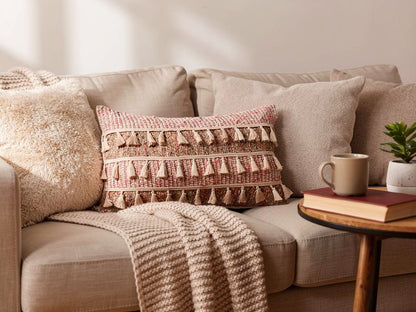Cojín Boho Rectangular con Borlas 50 x 30 cm – Tonos Tierra y Rosa | Home ESPRIT