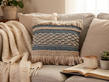 Cojín Boho Azul y Crudo con Flecos 45 x 45 cm | DKD Home Decor