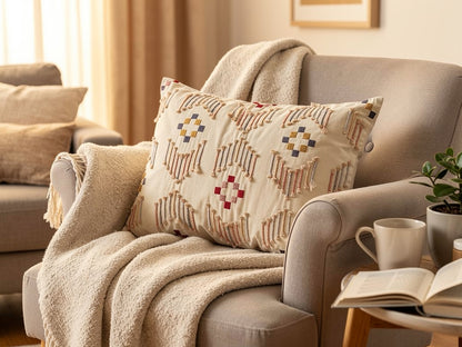 Funda de Cojín Rectangular Beige con Bordado Geométrico 60 x 40 cm | DKD Home Decor 60 x 1 x 40 cm Beige