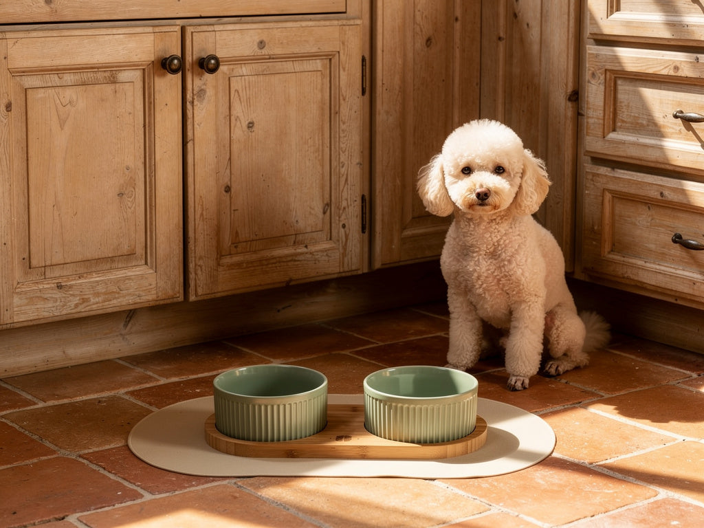 Comedero Elevado de Bambú y Cerámica – Altura Ajustable con Alfombrilla Antideslizante | BELMIN