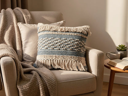 Cojín Boho Azul y Crudo con Flecos 45 x 45 cm | DKD Home Decor