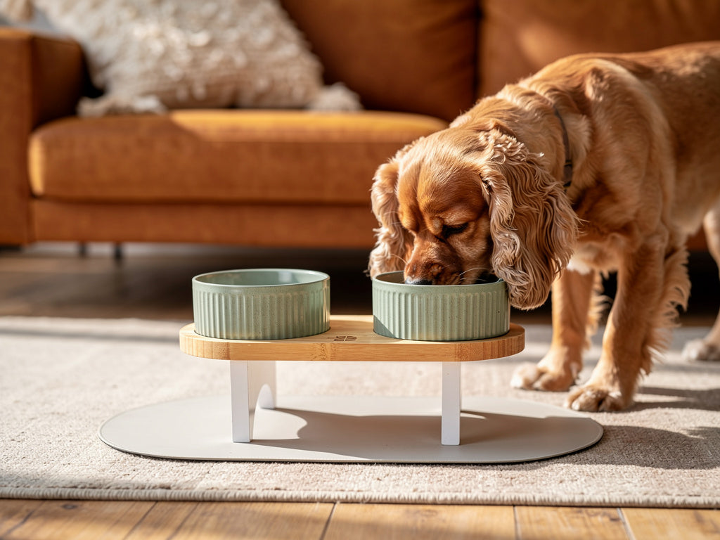 Comedero Elevado de Bambú y Cerámica – Altura Ajustable con Alfombrilla Antideslizante | BELMIN