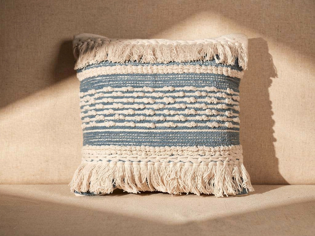 Cojín Boho Azul y Crudo con Flecos 45 x 45 cm | DKD Home Decor