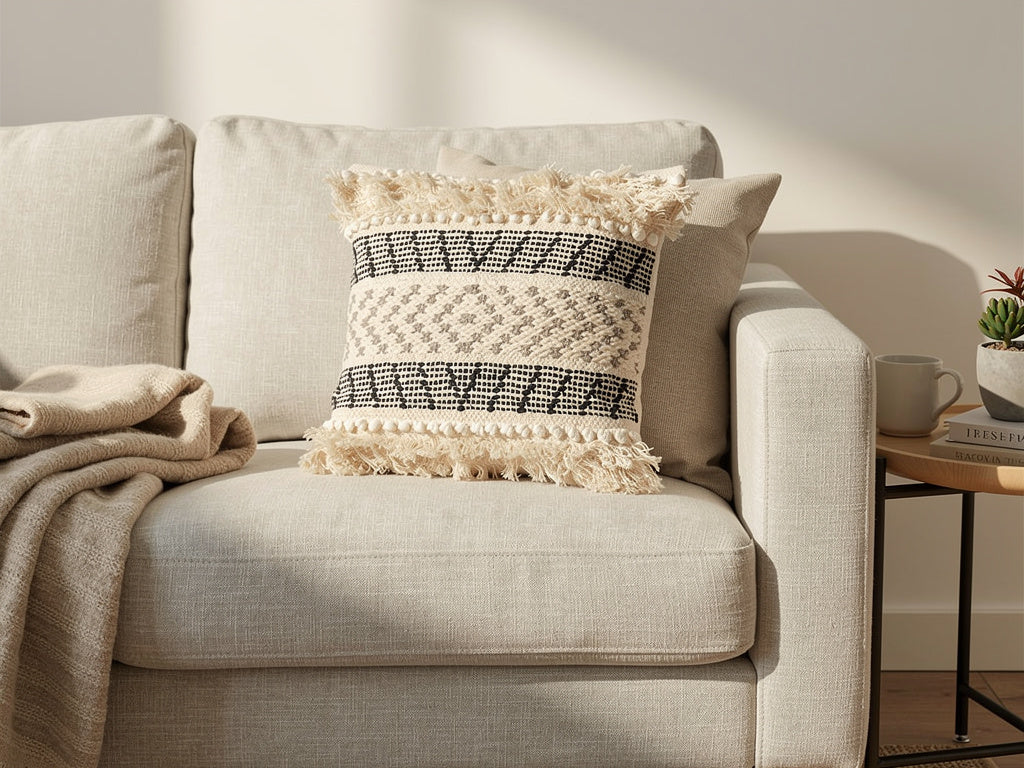 Cojín Boho de Algodón con Relieve Negro y Beige 45 x 45 cm | DKD Home Decor