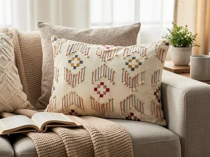 Funda de Cojín Rectangular Beige con Bordado Geométrico 60 x 40 cm | DKD Home Decor 60 x 1 x 40 cm Beige