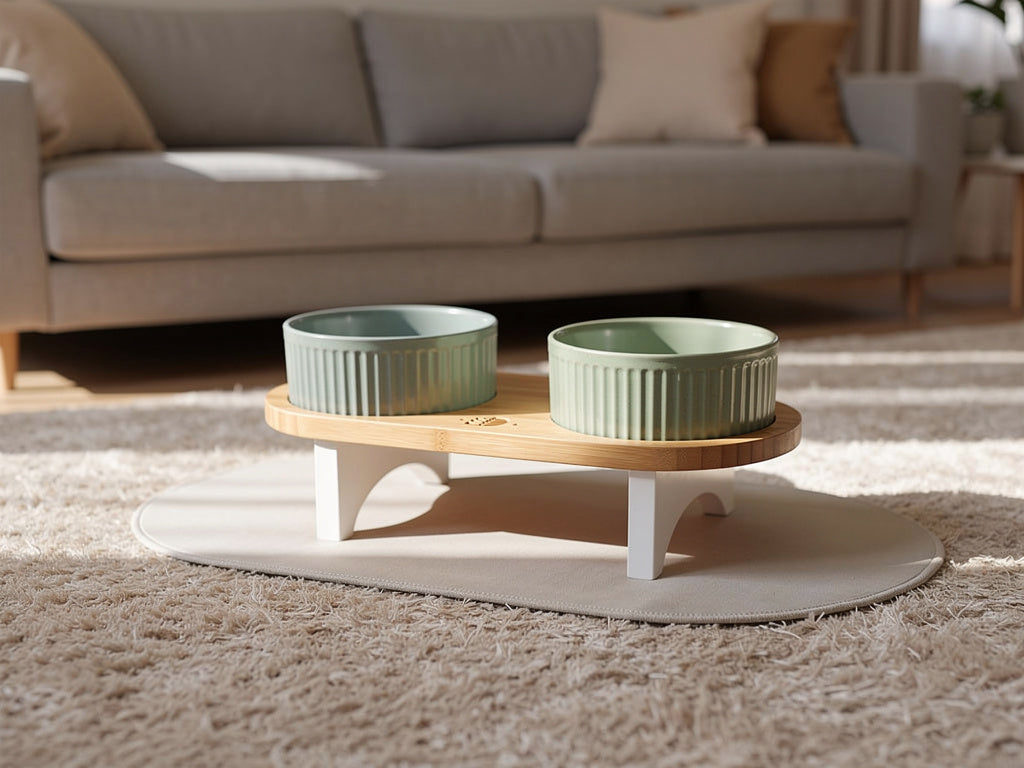 Comedero Elevado de Bambú y Cerámica – Altura Ajustable con Alfombrilla Antideslizante | BELMIN