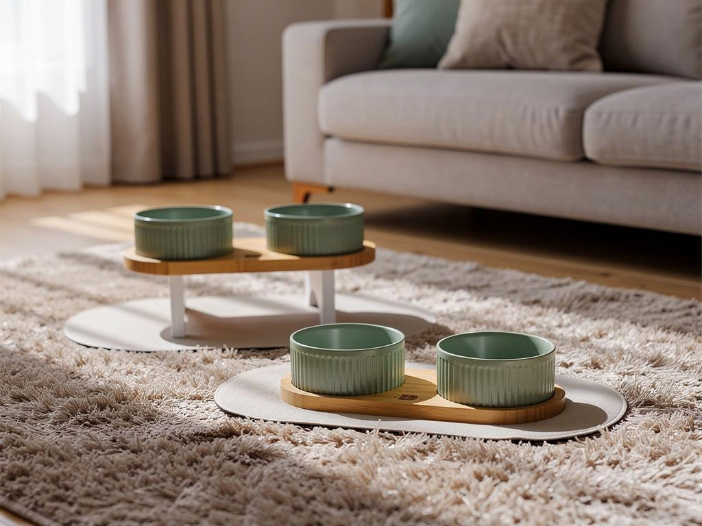 Comedero Elevado de Bambú y Cerámica – Altura Ajustable con Alfombrilla Antideslizante | BELMIN