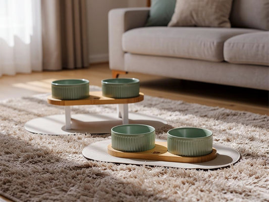 Comedero Elevado de Bambú y Cerámica – Altura Ajustable con Alfombrilla Antideslizante | BELMIN