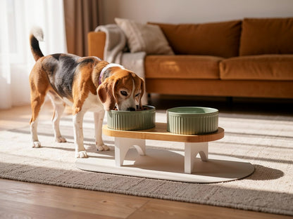 Comedero Elevado de Bambú y Cerámica – Altura Ajustable con Alfombrilla Antideslizante | BELMIN