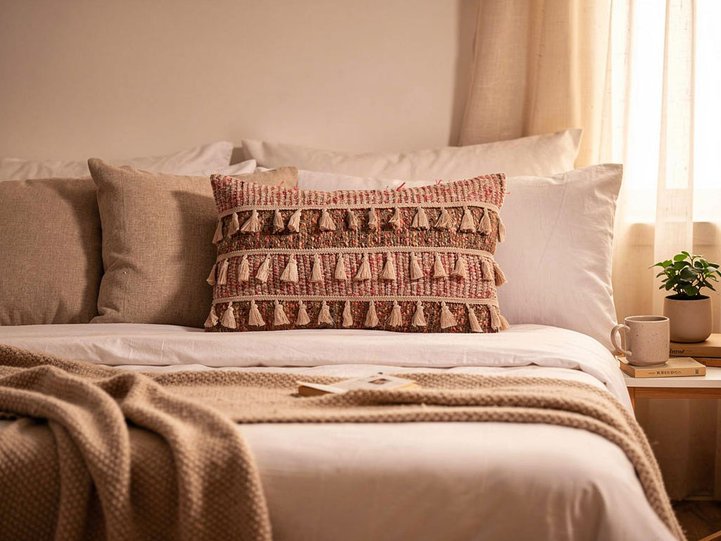 Cojín Boho Rectangular con Borlas 50 x 30 cm – Tonos Tierra y Rosa | Home ESPRIT