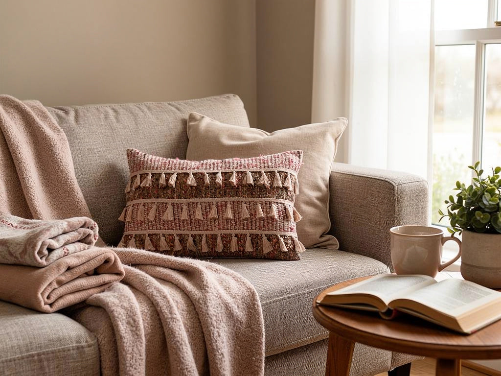 Cojín Boho Rectangular con Borlas 50 x 30 cm – Tonos Tierra y Rosa | Home ESPRIT