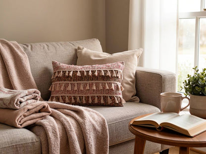 Cojín Boho Rectangular con Borlas 50 x 30 cm – Tonos Tierra y Rosa | Home ESPRIT