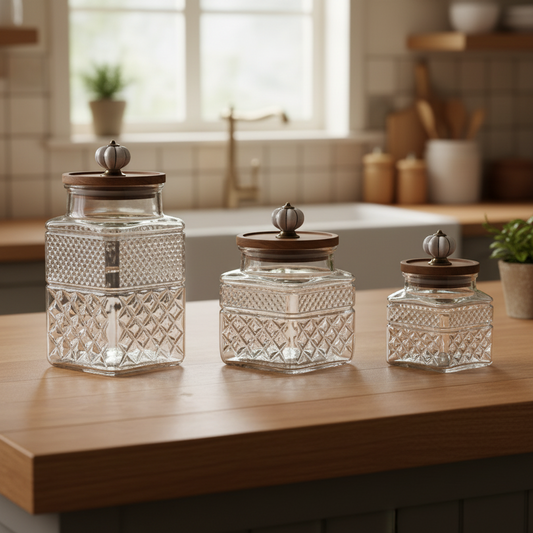 Set de 3 Botes de Cristal en Relieve con Tapa en Acacia y Adorno Cerámica | Home ESPRIT