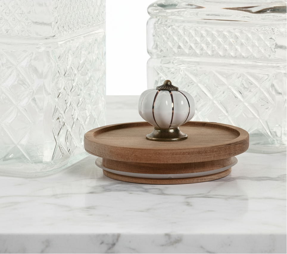 Set de 3 Botes de Cristal en Relieve con Tapa en Acacia y Adorno Cerámica | Home ESPRIT