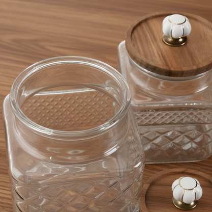 Set de 3 Botes de Cristal en Relieve con Tapa en Acacia y Adorno Cerámica | Home ESPRIT